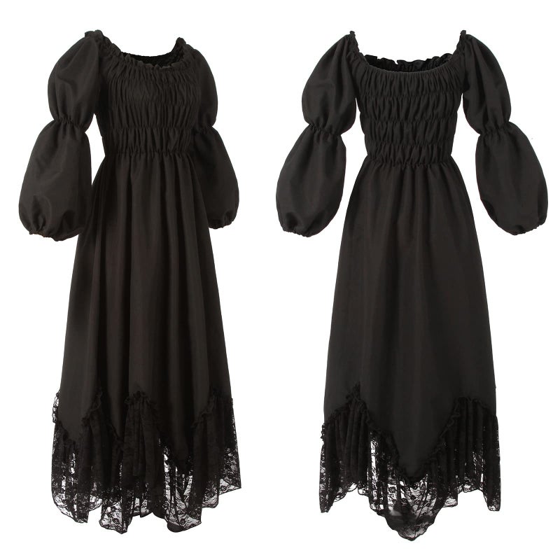 NSPSTT Renaissance Costume Dress Women Medieval Lantern Sleeve Maxi Dress, Lace Black XXL/3XL - Image 5